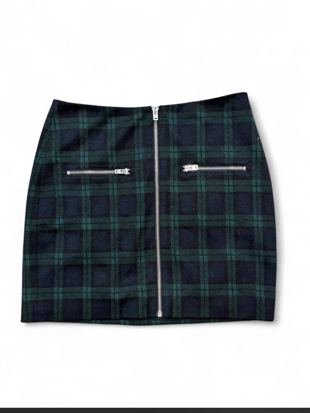 Madewell Black and Green Plaid Zip-Front Mini Skirt